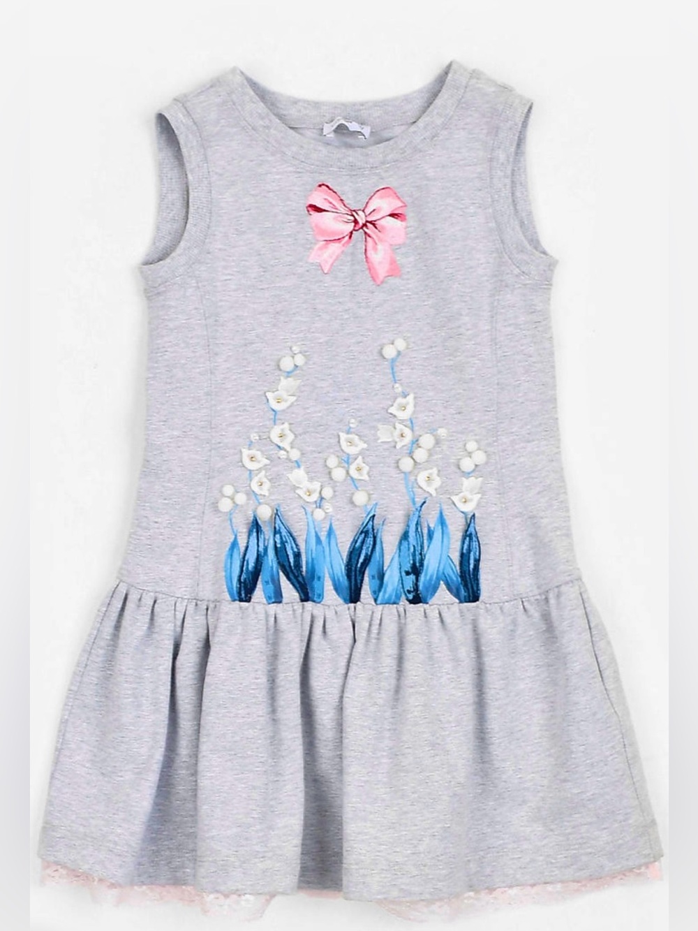 MonnaLisa Sleeveless Flowers & Bow Grey Dress 6Y